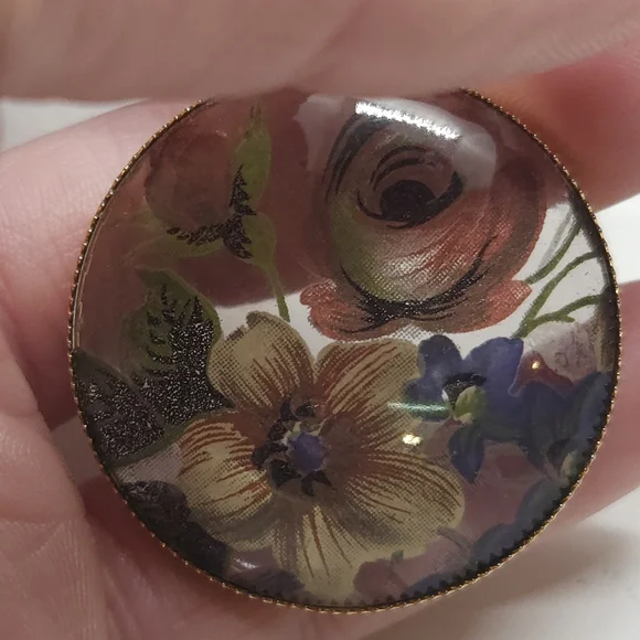 Vintage Hand Painted Red & Yellow Flower Glass Pendant Necklace Gold Tone - Picture 4 of 10